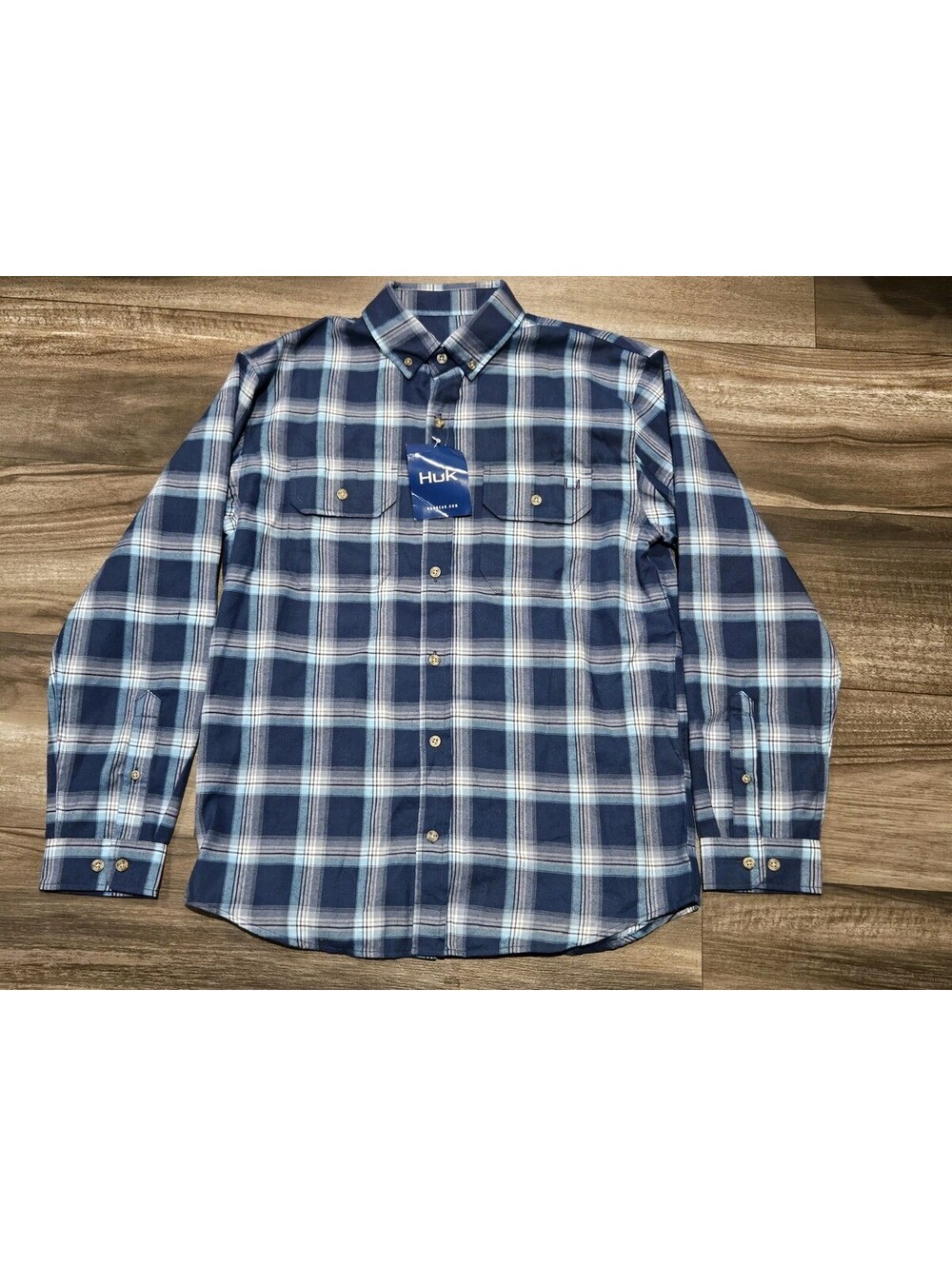 HUK Maverick Fishing Flannel L/S Shirt - Sargasso Sea Blue Size Men's Small NEW